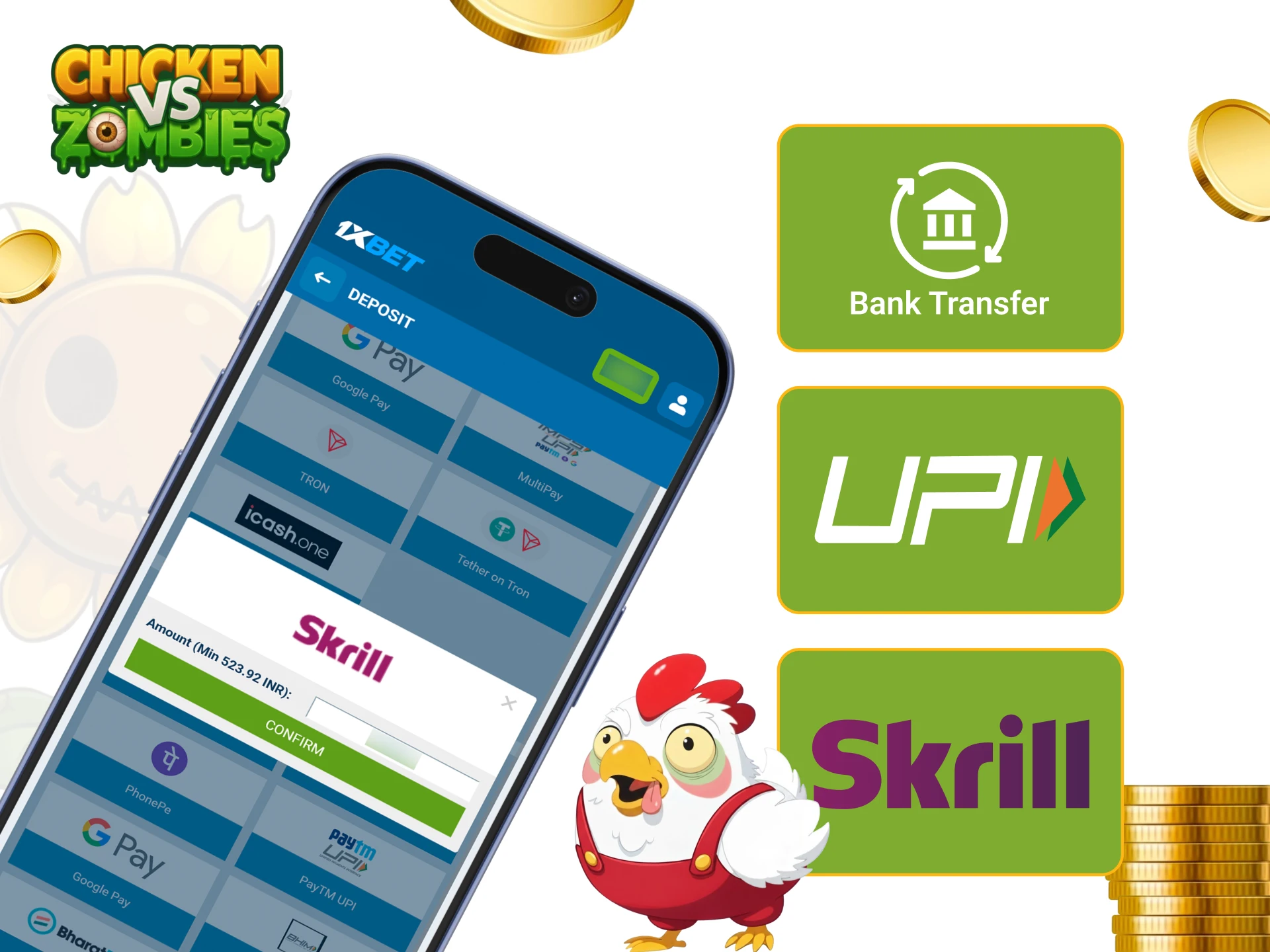 Available Deposit Options for Chicken vs Zombies Online Game and Free Play.